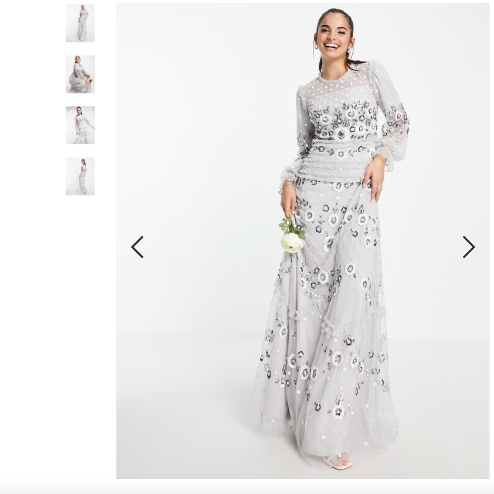 Frock and Frill all over embroidered long sleeved maxi dress in light gray